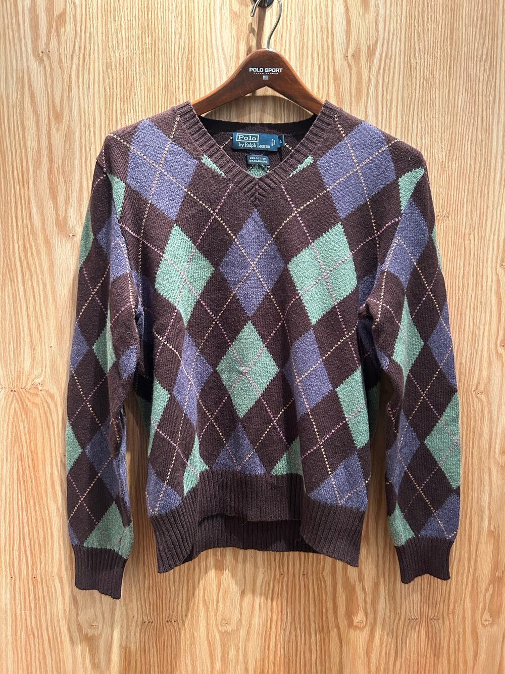 Vintage 1990s Polo Ralph Lauren Cotton Cashmere Blens Argyle Sweater Brown L